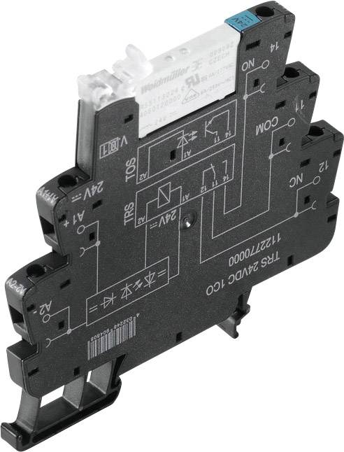 Industrijsko relejevski modul s tiskano električno shemo na ohišju, ki prikazuje priključke in električne tokokroge za avtomatizirano krmiljenje.