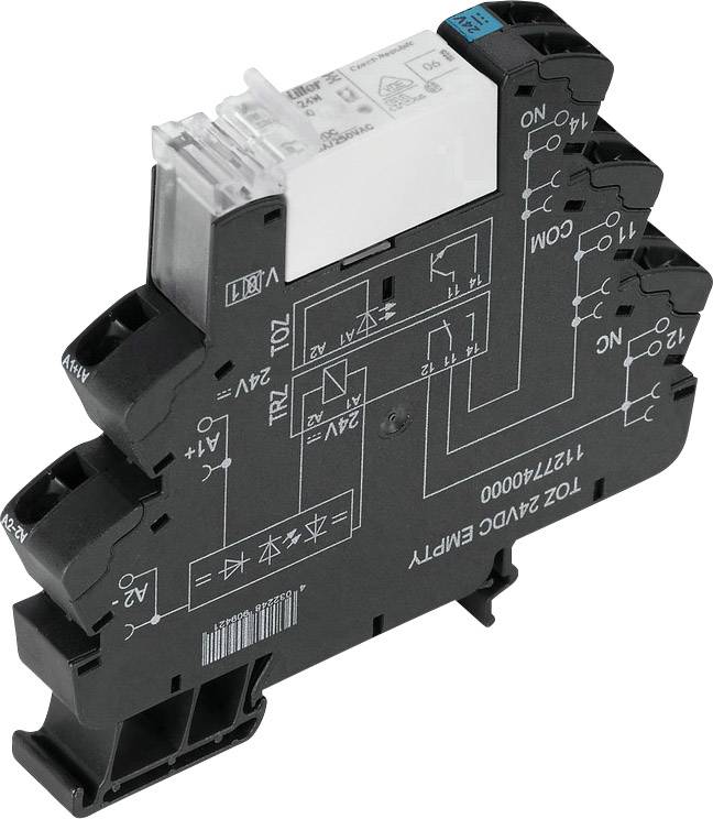 Relejski sklopnik z več priključki in natisnjenimi tehničnimi specifikacijami, uporabljen za električno krmiljenje.