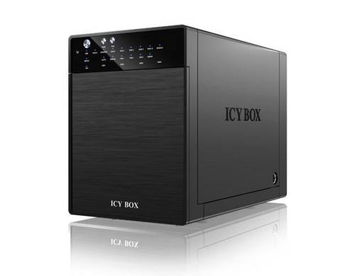Črna zunanja ohišje za trdi disk z napisom 'ICY BOX', več priključki in indikatorji na sprednji strani.
