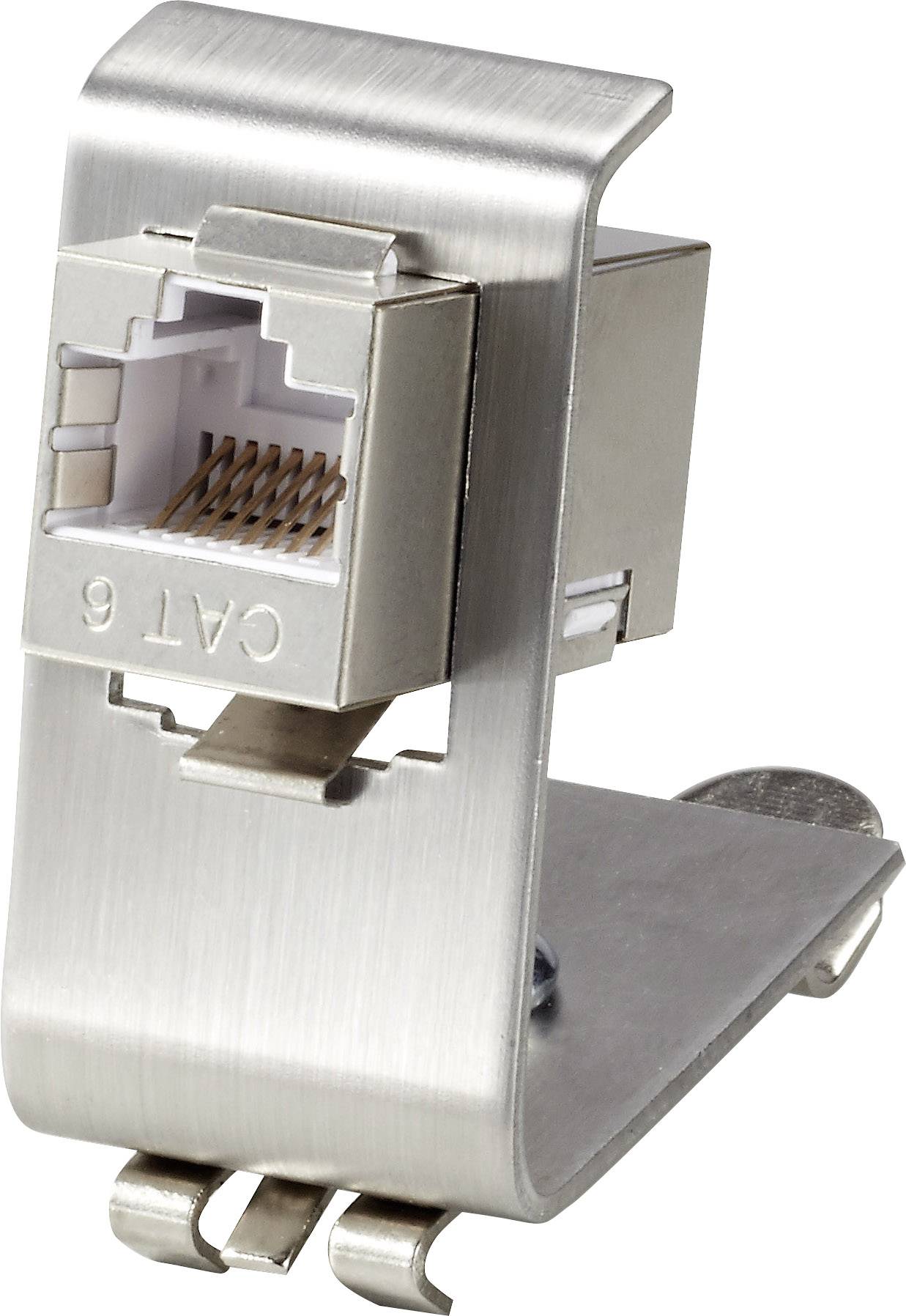 Kovinski RJ45 podatkovni priključek kategorije 6, primeren za montažo na steno, prikazuje pine za Ethernet povezavo.