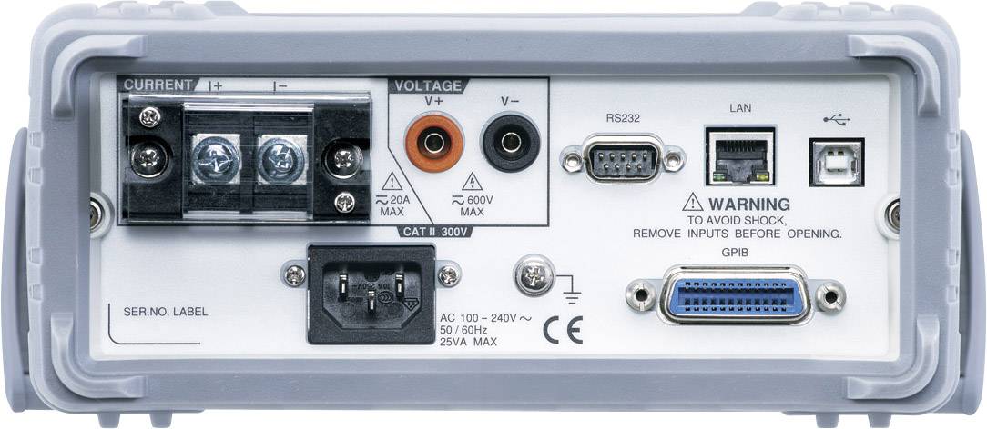Zadnja stran elektronske merilne naprave s priključki in opozorilom, ki vključuje električne, napetostne, LAN in RS232 vhode.