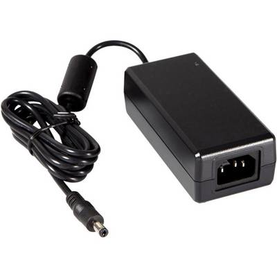 Črn napajalnik s kablom in vtičem, primeren za elektronske naprave. Prikazuje pravokotni adapter z okroglim priključkom.
