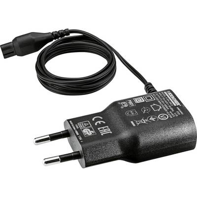 Črni napajalnik z EU vtičem in dolgim kablom, primeren za elektronske naprave. Oznake in varnostna opozorila so vidna.