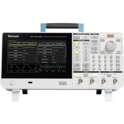 Generator funkcijskih signalov z zaslonom prikazuje nastavitve in valovno obliko. Vidni so tipke in regulatorji za upravljanje. Znamka Tektronix.