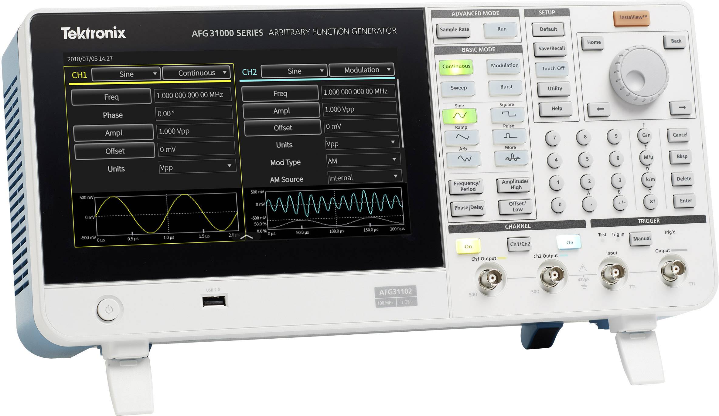 Elektronska naprava z zaslonom prikazuje sinusne valove in funkcije. Gumbi in regulatorji na desni strani služijo za upravljanje.