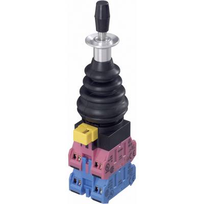 Industrijski joystick s črnim ročajem, rumenim gumbom in pisanim podstavkom, ki se uporablja za upravljanje strojev ali naprav.