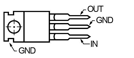 Diagram trizobnega električnega elementa z oznakami: 'OUT', 'GND', 'IN'. Prikazuje priključke in ozemljitveno povezavo.