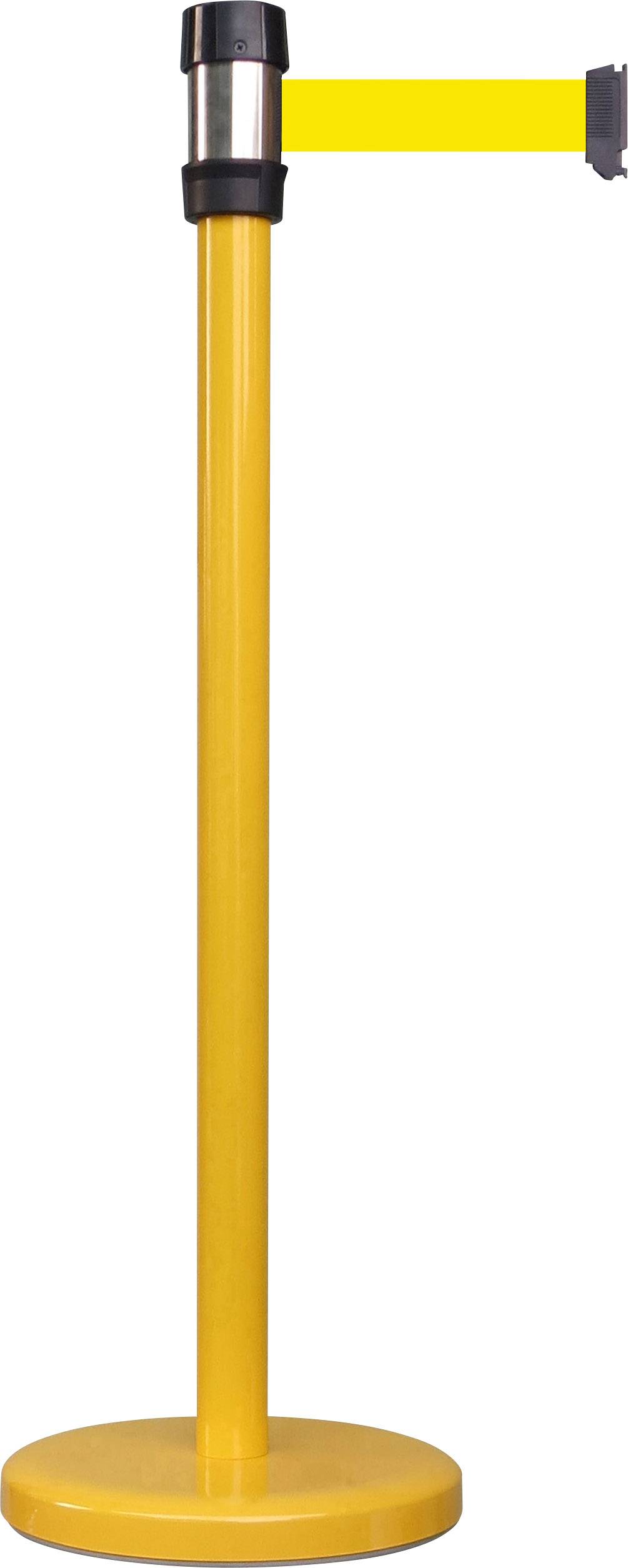 Rumeni varnostni steber z zložljivim trakom, ki se uporablja za usmerjanje množic ali ločevanje področij.