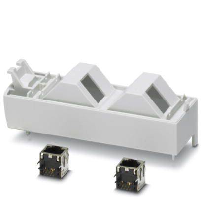 Bel modularen omrežni adapter z dvema RJ45 omrežnima priključkoma, primeren za uporabo v kabelskih sistemih.