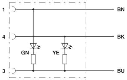 'Električni načrt vezja s tremi vodniki: rjava (BN), črna (BK), modra (BU). Vgrajene LED-diode označene kot zelena (GN) in rumena (YE) z upori.'