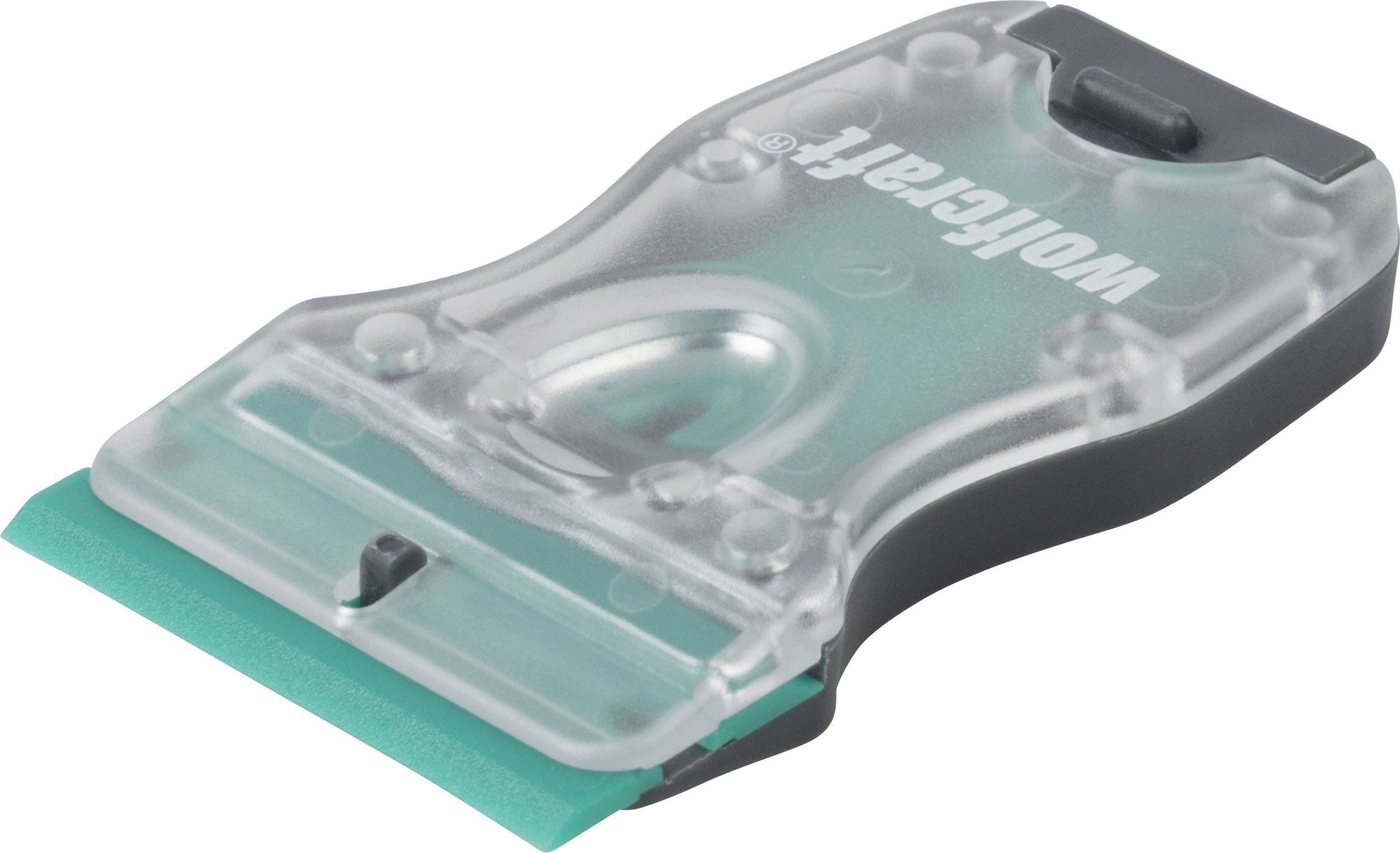 Plastični strgalnik s prosojnim ohišjem in turkiznim nastavkom, primeren za odstranjevanje nalepk ali umazanije z gladkih površin.