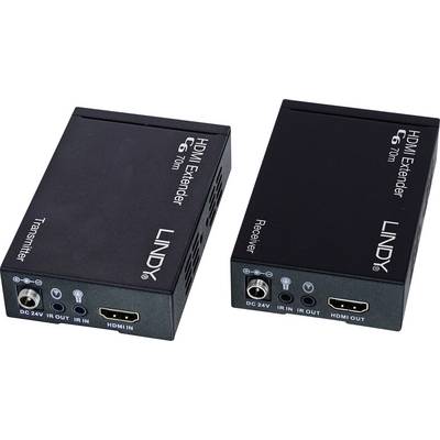 HDMI podaljševalni komplet, ki ga sestavljata oddajnik na levi in sprejemnik na desni; omogoča prenos HDMI signalov na večjih razdaljah.