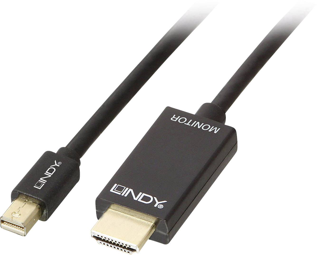 Črn kabel z mini DisplayPort priključkom na levi strani in HDMI priključkom na desni strani.
