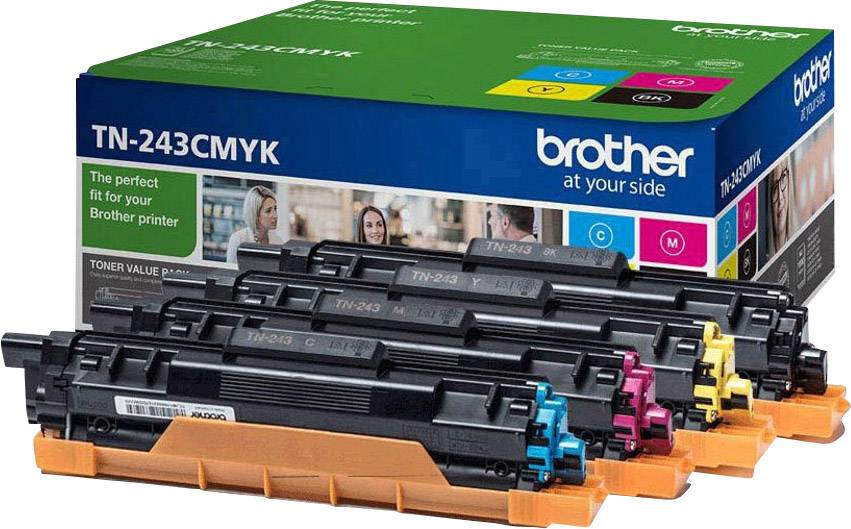 Štiri tonerske kartuše (črna, cijan, magenta, rumena) pred embalažo za Brother tiskalnik, model TN-243CMYK.