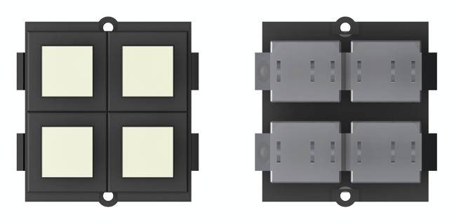 Štiri kvadratne LED-module na levi strani, štiri pravokotne kovinske priključke na desni strani.