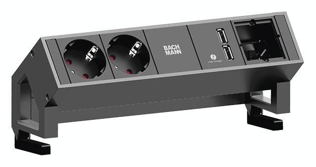 Grafika prikazuje črno namizno vtičnico z dvema Schuko vtičema, dvema USB priključkoma in omrežnim priključkom.