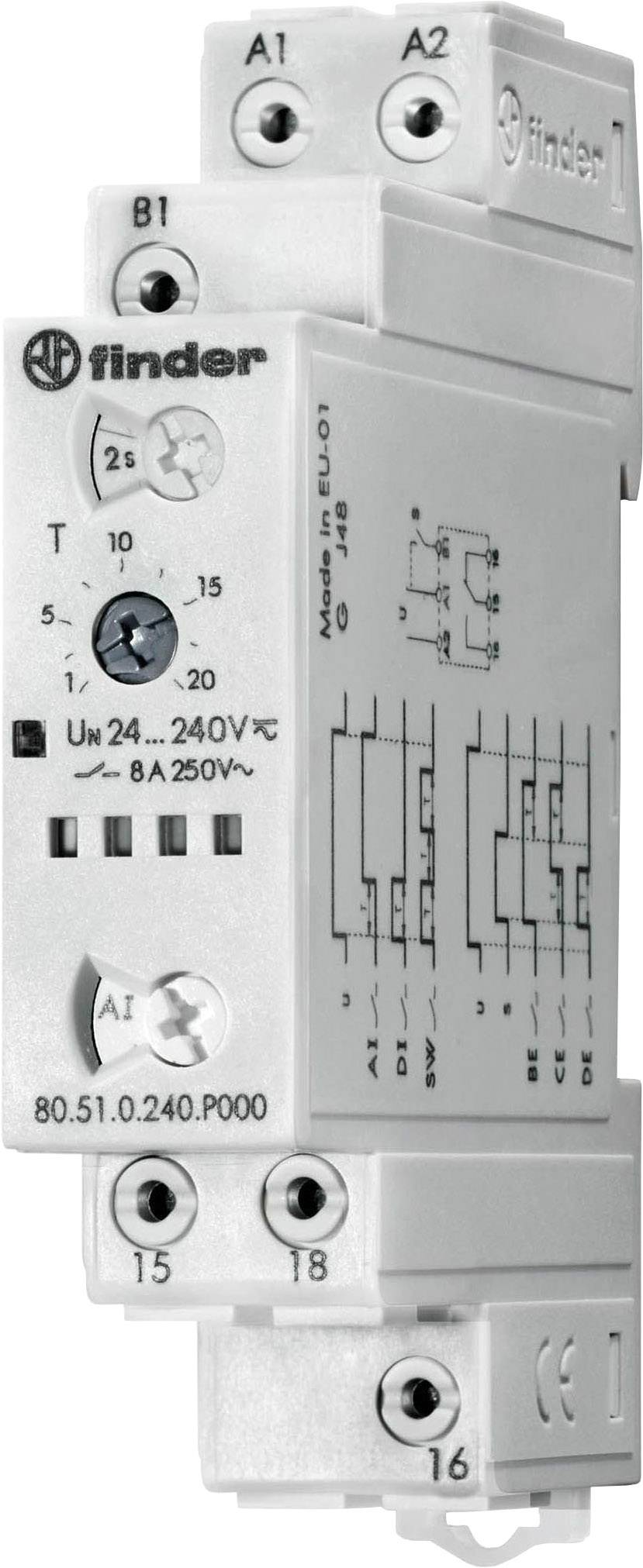 Časovno stikalo Finder 80.51.0.240.P000 s shemami preklopnih vezij na sprednji strani, napetostno vodeno 24-240V AC/DC, maks. 8A, namenjeno namestitvi na DIN letev.