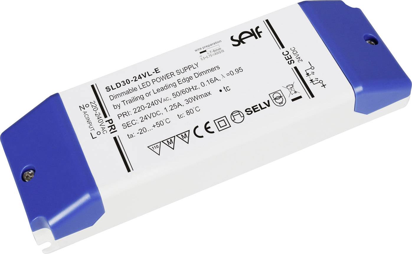 LED gonilnik 'SLD30-24VL-E': Vhod 220-240V, 50/60Hz; Izhod 24V, 1,25A, 30W; možnost zatemnjevanja s Triac dimmerji.