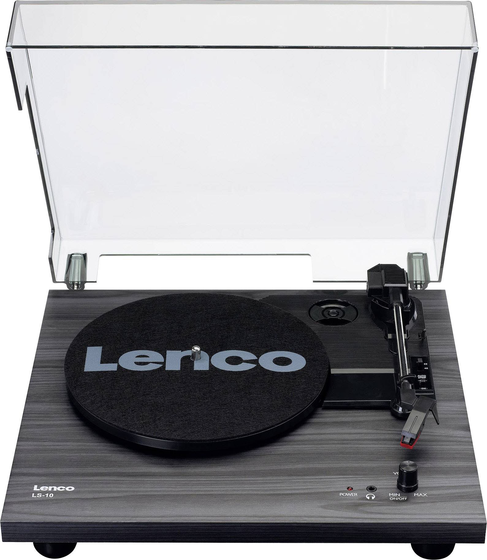 Gramofon z odprtim prozornim pokrovom in sivo površino. Tonskiarm je nameščen desno. Na blazinici je napis 'Lenco'.