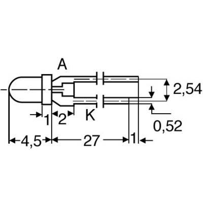 Tehnična risba električnega konektorja z merami: dolžina 27 mm, širini 4,5 mm in 0,52 mm, razmik 2,54 mm.