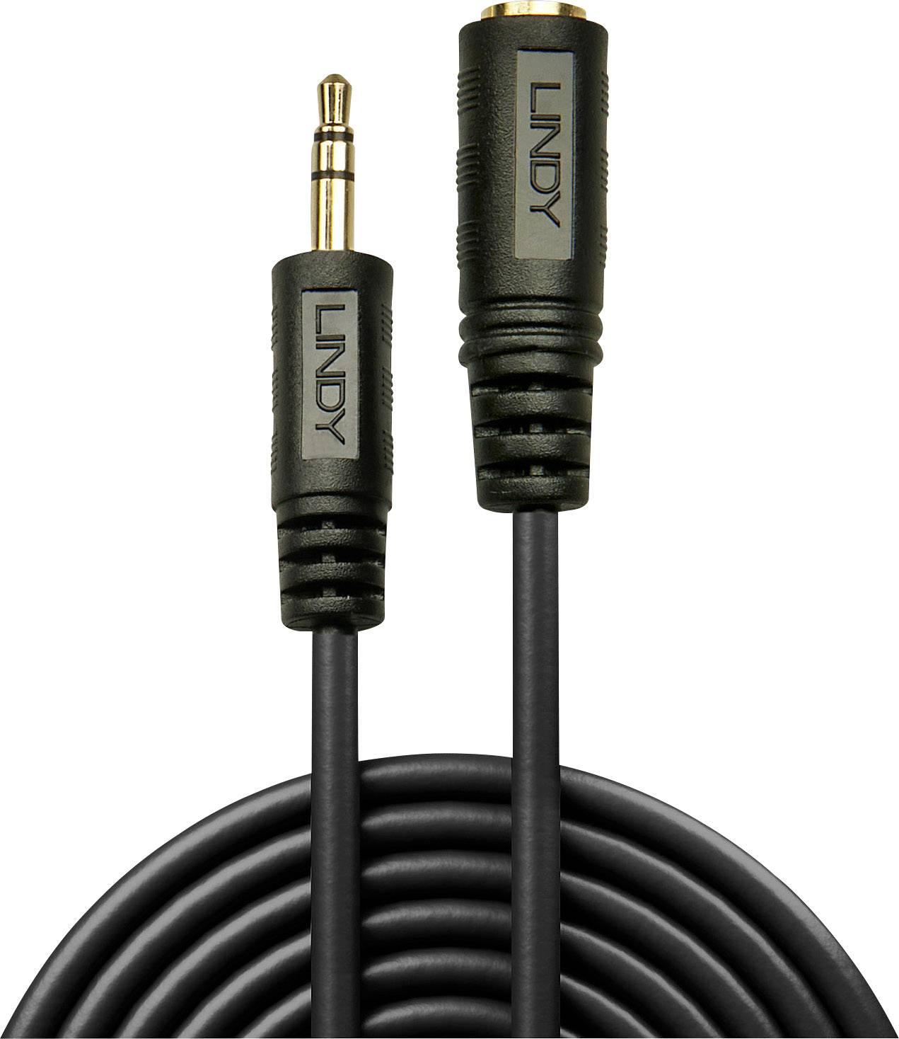 Črn avdio kabel z dvema priključkoma, oba z napisom 'Lindy'. Levo 3,5-mm vtič, desno vtičnica.