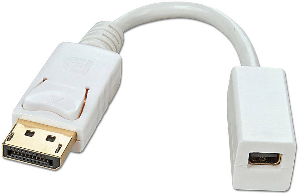 DisplayPort do mini DisplayPort adapterski kabel v beli barvi. Namenjen je za priklop DisplayPort kabla na napravo z mini DisplayPort priključkom.