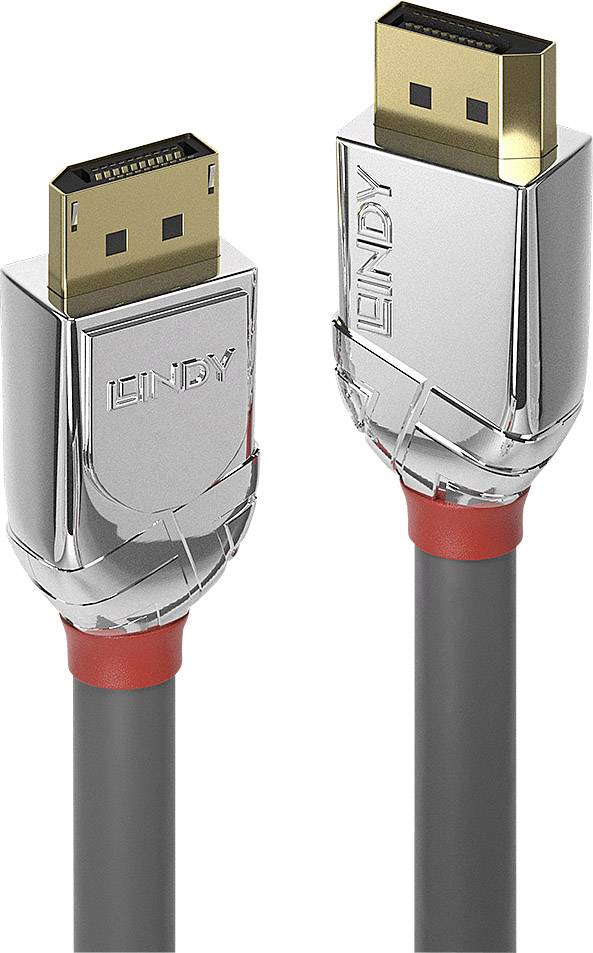 DisplayPort kabel znamke Lindy, dva priključka z zlatimi kontakti, siv kabel z rdečimi poudarki na priključkih.