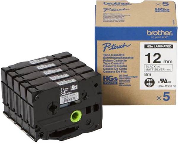 Brother HGe-M931V5 pisalni trak 5-delni komplet  Barva traku: srebrna (mat) Barva pisave: črna 12 mm 8 m