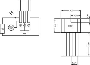 'Tehnična risba elektronskega vezja z merami. Komponente: upor, tranzistor (H501), povezave. Napetost: 9V.'