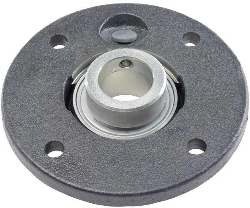 Okrogel kovinski prirobni ležaj s štirimi luknjami za vijake, primeren za pritrditev na stroje ali stene. Centralno ležišče za prevzem rotacije.