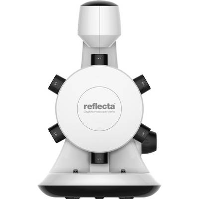 Digitalni mikroskop znamke reflecta z imenom 'DigiMicroscope Vario' v beli barvi, z objektivno glavo in več objektivi.