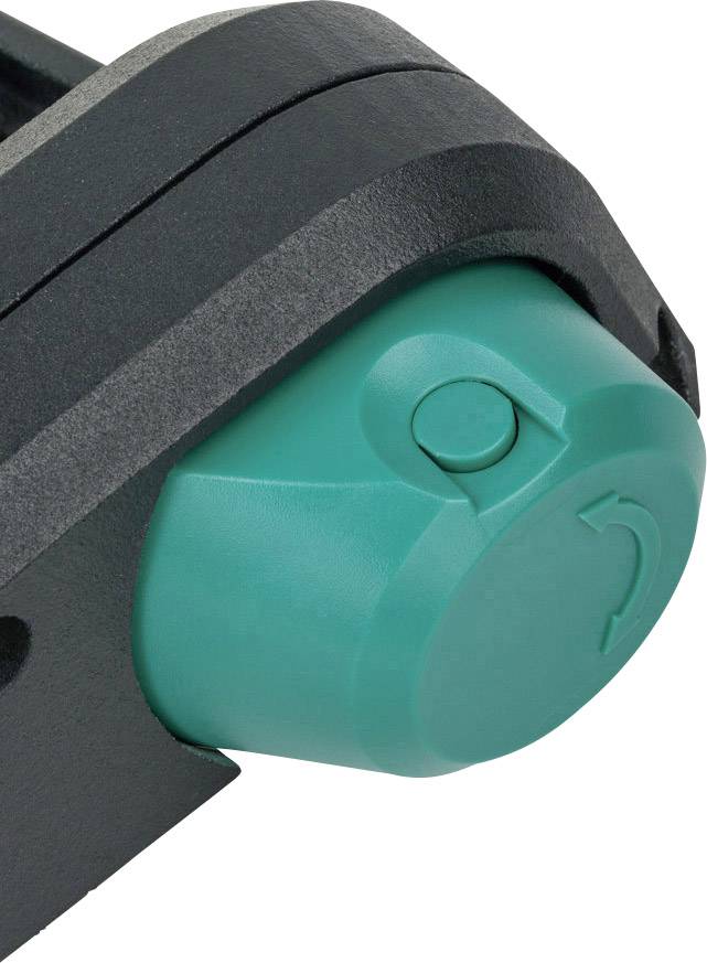 Zelen, okrogel pritisni gumb v črnem plastičnem ohišju, verjetno del elektronske ali mehanske naprave.