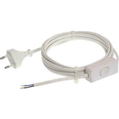 Bel električni kabel z EU vtičem na levi strani in odprtimi žicami na desni, opremljen z vmesnim stikalom.
