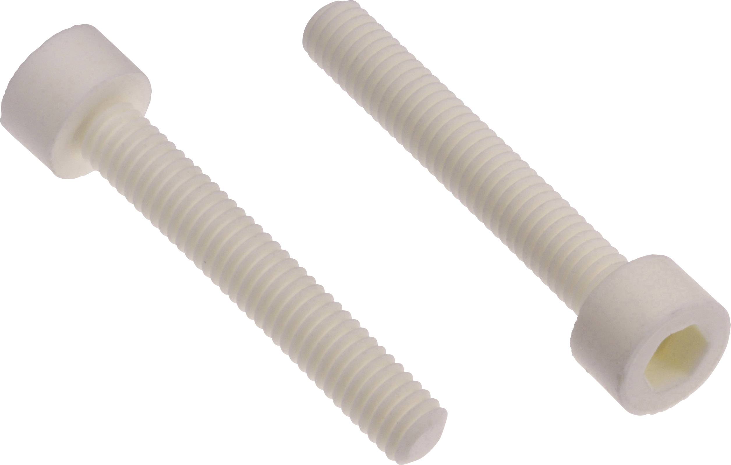 Dva bela, cilindrična vijaka z notranjim navojem in šestrobi glavo, položena drug ob drugega.