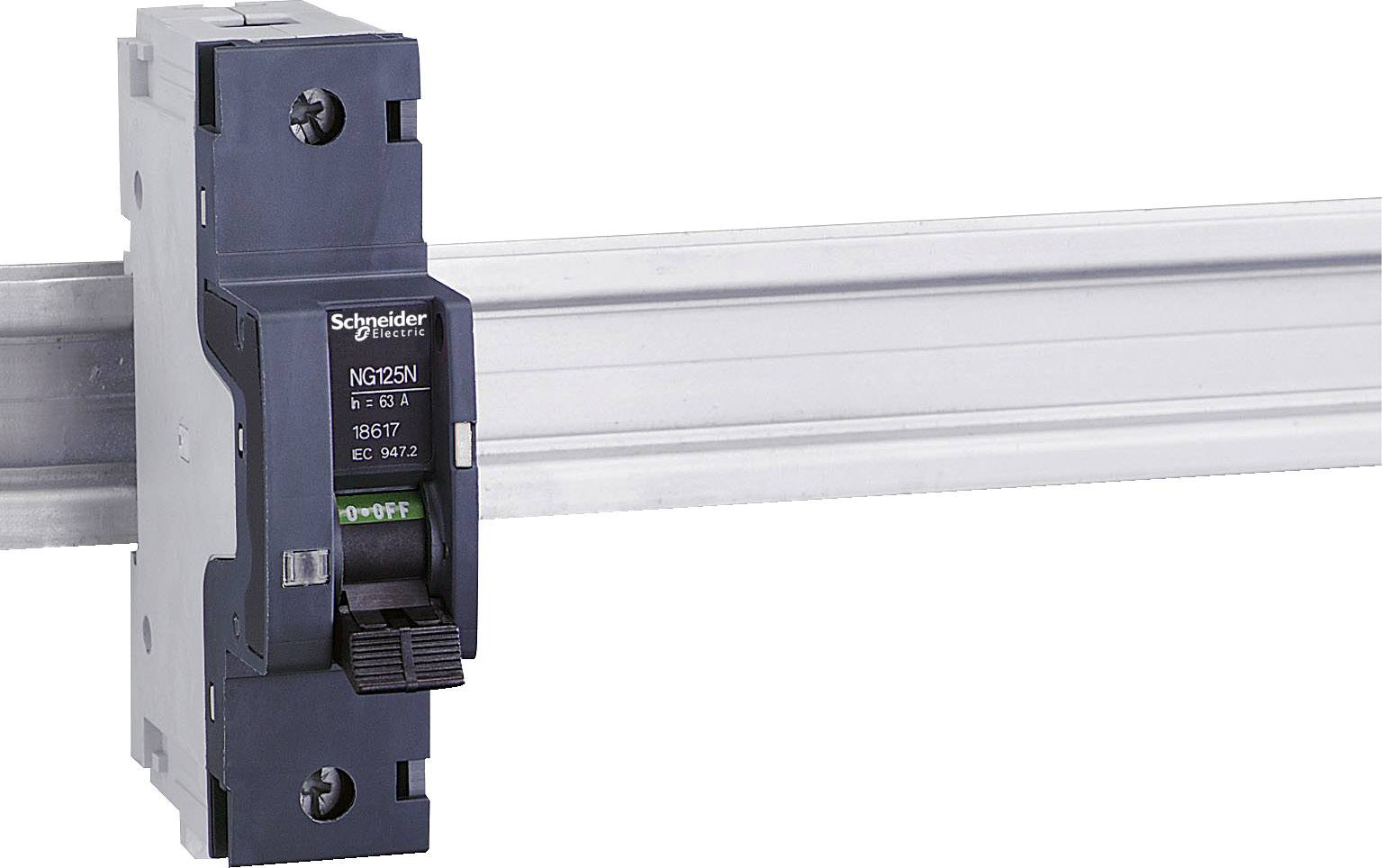 Črni varnostni stikalni odklopnik znamke Schneider Electric je pritrjen na kovinsko letev, pri čemer je prikazana modelna številka NG125N.