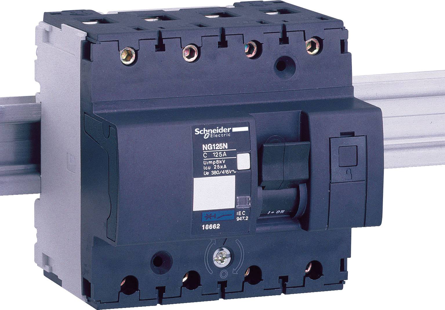 Črni odklopnik znamke Schneider Electric, nameščen na kovinski letvi. Primeren za industrijske aplikacije.