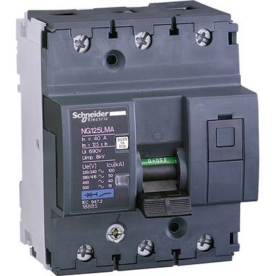 Črni ločilnik Schneider Electric z modelno številko NG125LMA. Prikazuje tehnične specifikacije in stikalo.