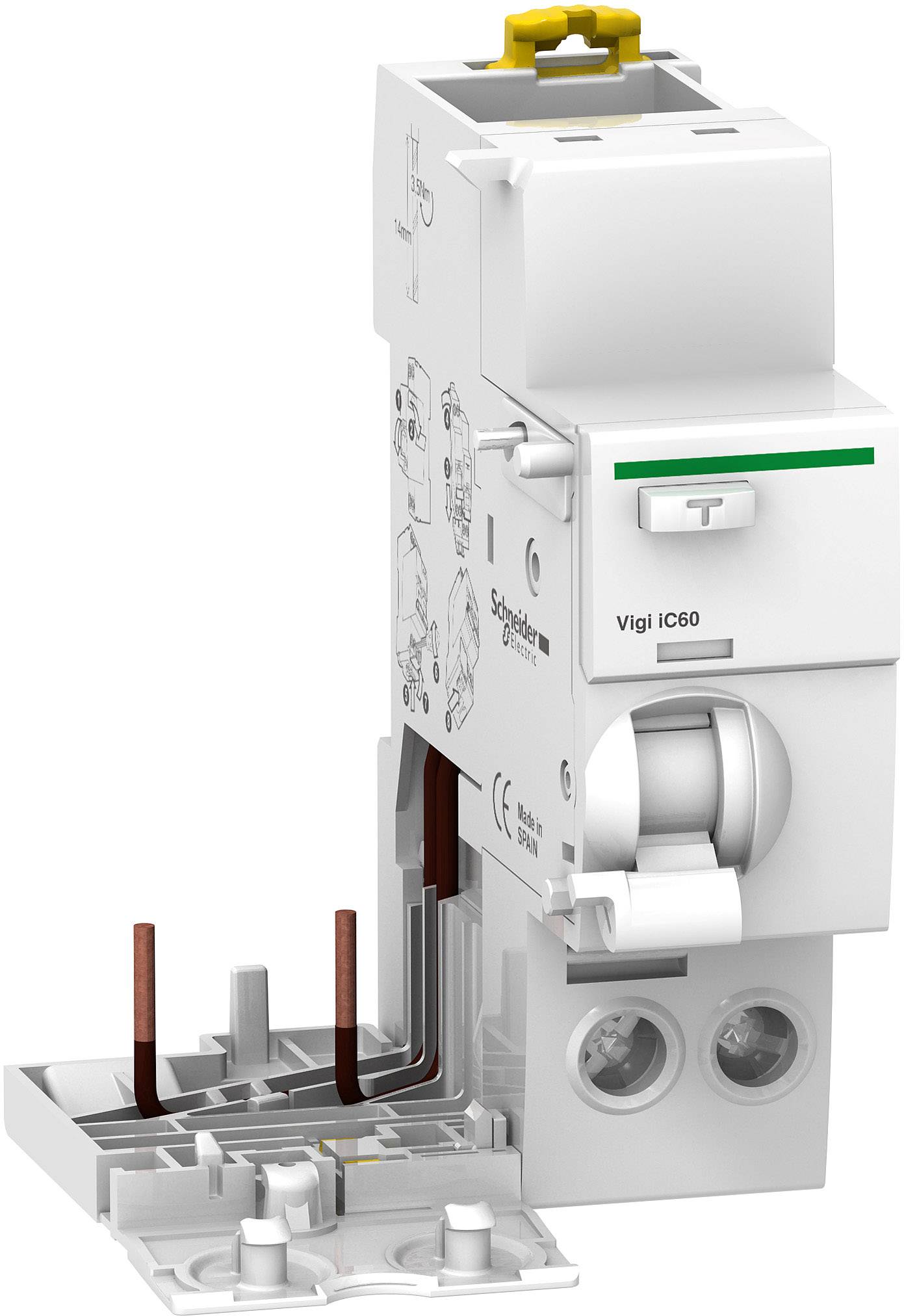 Bel pokončen zaščitni odklopnik Schneider Electric, model Vigi iC60, z nihajnim stikalom in zelenim trakom zgoraj desno.