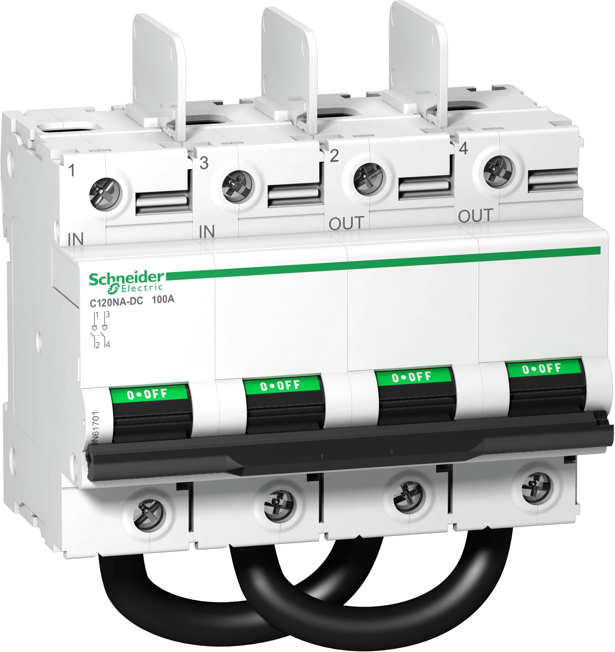 Stikalo Schneider Electric s štirimi stikali, označenimi kot 'ON' in 'OFF', primerno za distribucijo električne energije.