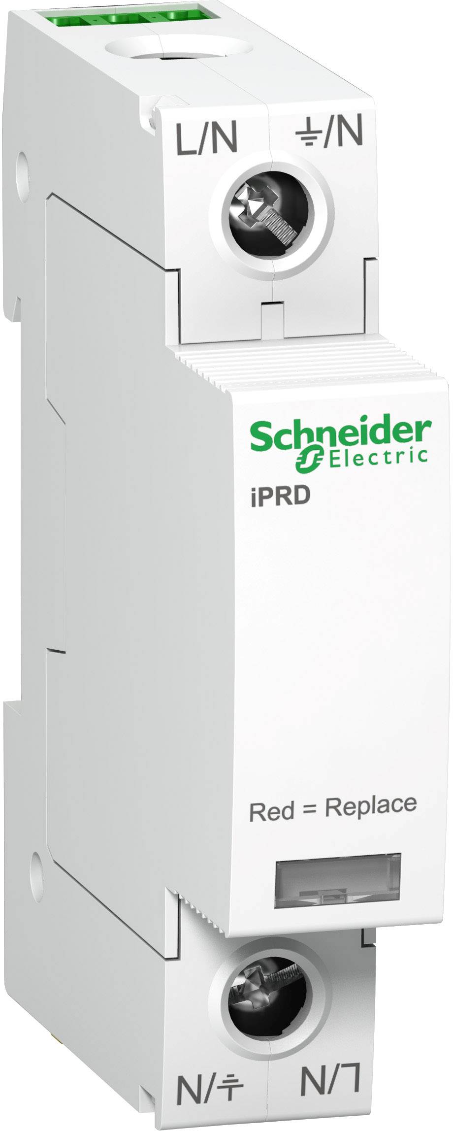 Naprava za zaščito pred preobremenitvijo napetosti podjetja Schneider Electric, model iPRD. Napis prikazuje 'Rdeče = Zamenjaj', kar nakazuje na potrebo po zamenjavi ob obrabi.