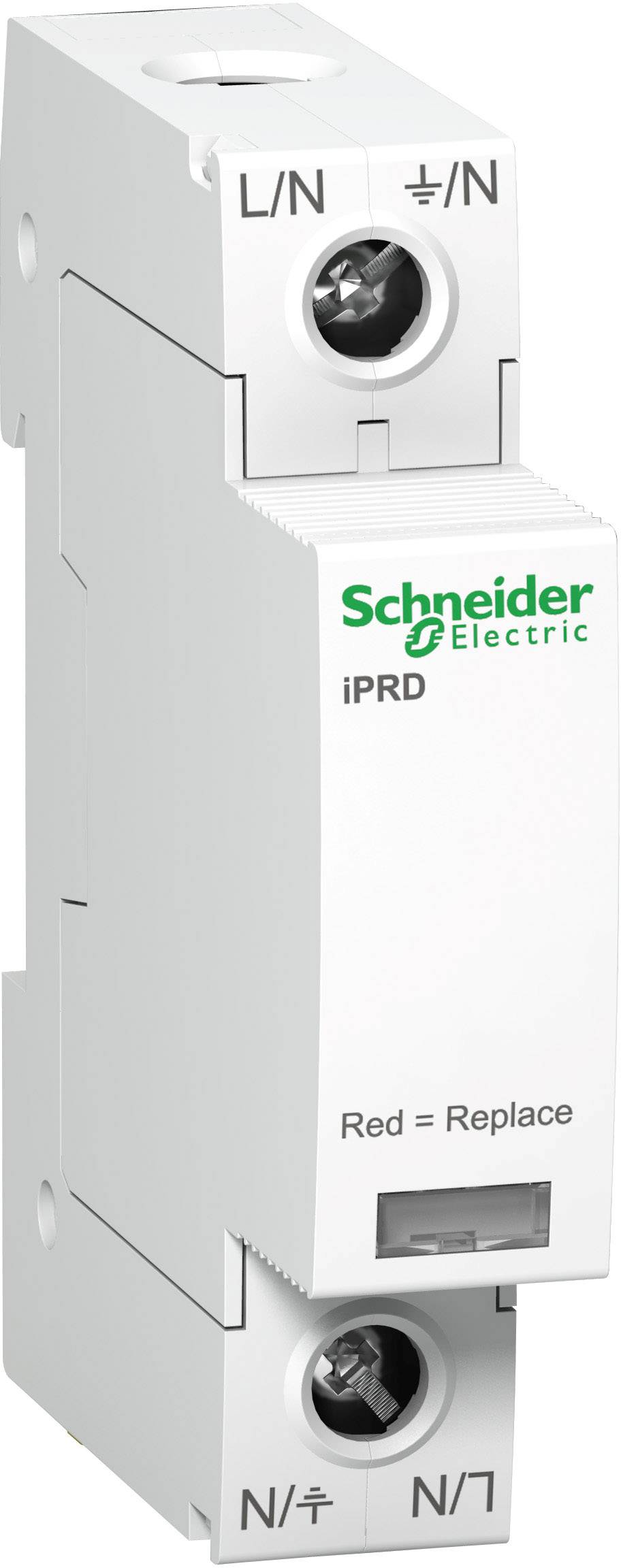 Naprava za zaščito pred preobremenitvijo napetosti podjetja Schneider Electric z napisom 'Rdeče = Zamenjaj'. Bele barve, nameščena na DIN letev.