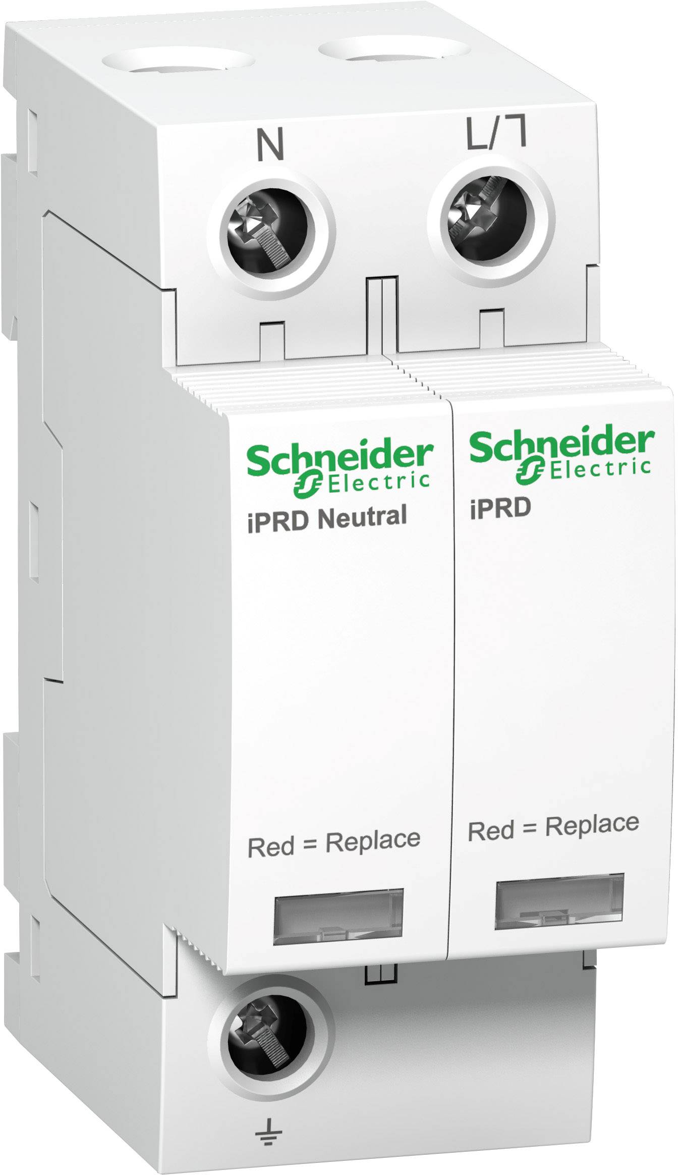 Ločilnik tokokroga znamke Schneider Electric z dvema stikalkoma, označenima z 'iPRD Nevtralen' in 'iPRD'. Indikator 'Rdeče = Zamenjaj'.