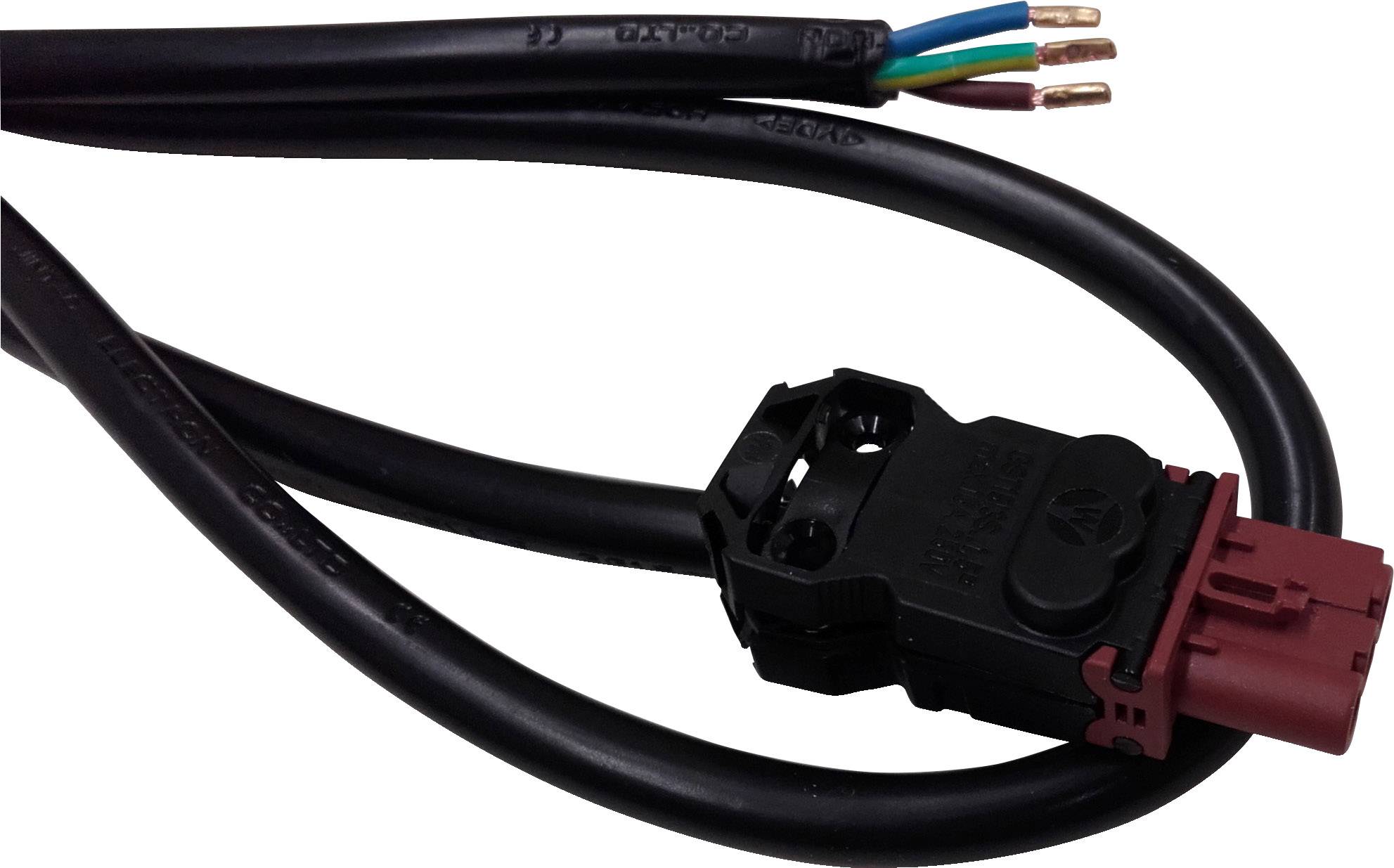 Črn električni kabel z rdečim pravokotnim vtičem in izpostavljenimi bakrenimi žicami na enem koncu.