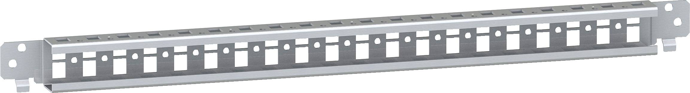 Kovinski patch panel s 24 vrati za omrežne kable, namenjen namestitvi v strežniške omare, brez priključkov za kable.
