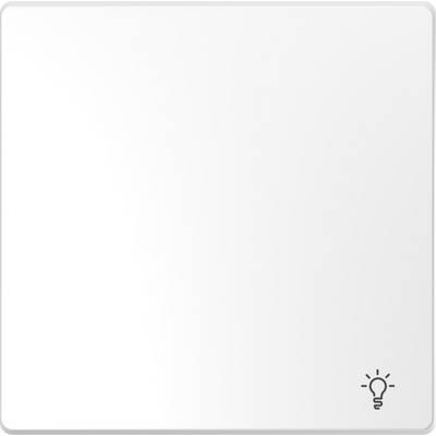 Bela kvadratna oblika z zaobljenimi robovi in majhno ikono žarnice spodaj desno. Minimalistično oblikovanje.