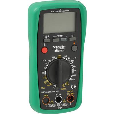 Zeleni digitalni multimeter za merjenje napetosti, toka in upora; zgoraj natisnjen naziv blagovne znamke in spodaj različni merilni načini.