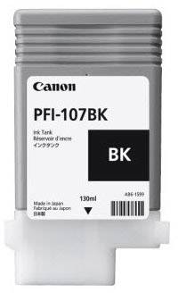 Črnilni vložek za Canon, model PFI-107BK, črn, 130 ml, 'Narejeno na Japonskem', z napisi v angleščini in japonščini.