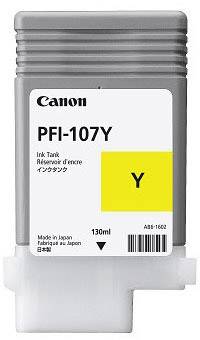 Črnilna kartuša Canon, model PFI-107Y, barva rumena, kapaciteta 130 ml, z napisi v več jezikih.