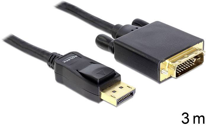 3-metrski DisplayPort-na-DVI kabel s črnim ovojem. Levo DisplayPort priključek, desno DVI priključek.