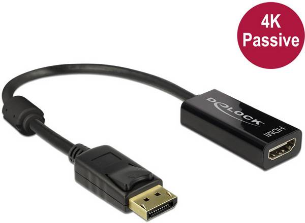 Delock DisplayPort / HDMI adapterski kabel DisplayPort vtič, HDMI-A vtičnica 0.20 m črna 62609 pozlačeni konektorji DisplayPort kabel